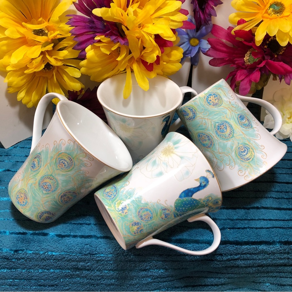 Set Of 4 Unused, 222 Fifth Lakshmi Porcelain Peacock Mugs